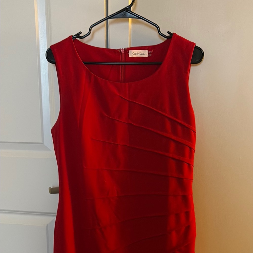 Calvin Klein Red Pleated Sheath Midi Dress